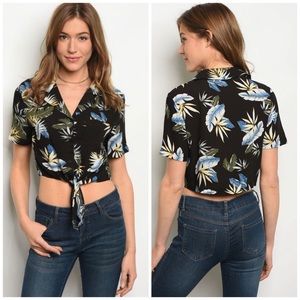 Tropical print button down crop top